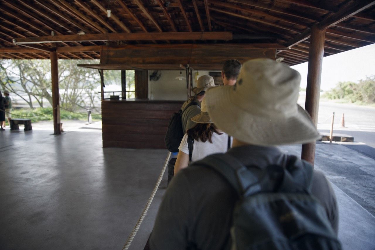 Arrival hall queue at Baltra airport in the Galapagos where park rangers collect the entrance fee