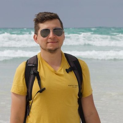 Oleg Galeev, Galapagos travel writer, photographed at Tortuga Bay on Santa Cruz Island